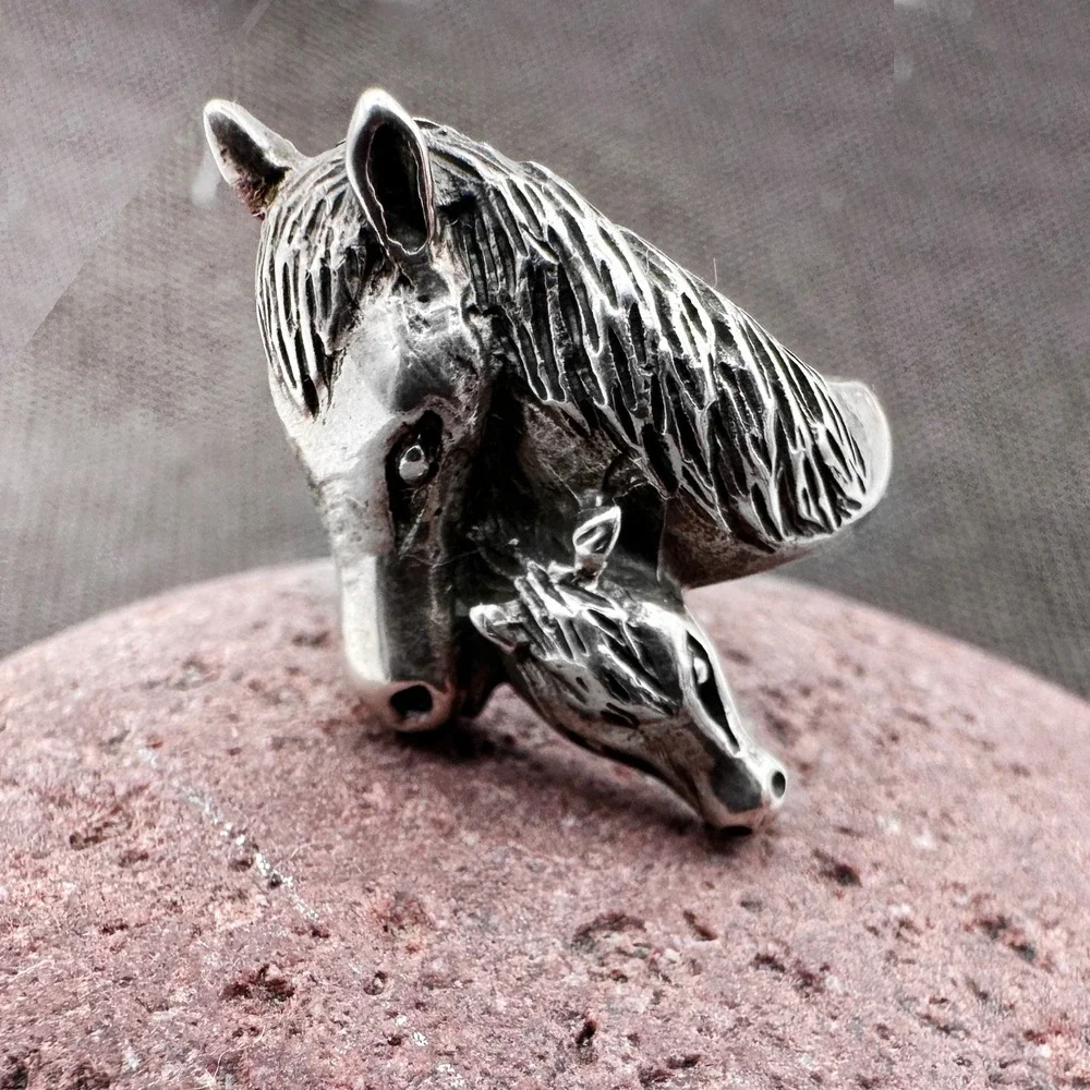 925 Sterling Silver‎ Mare & Foal Statement Ring Size 6.5 Equestrian Western